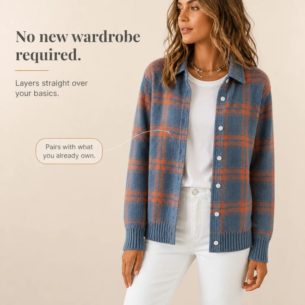 Women's Plaid Cardigan with Structured Collar & Ribbed Knit Cuffs - Orange Plaid Infographic Layering
