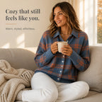 Women's Plaid Cardigan with Structured Collar & Ribbed Knit Cuffs - Orange Plaid Infographic Lifestyle
