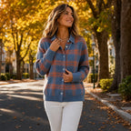 Women's Plaid Cardigan with Structured Collar & Ribbed Knit Cuffs - Orange Plaid Outdoor Walking