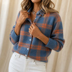 Blue Orange Plaid Women's Plaid Cardigan with Structured Collar & Ribbed Knit Cuffs