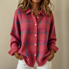 Coral Pink Women's Plaid Cardigan with Structured Collar & Ribbed Knit Cuffs