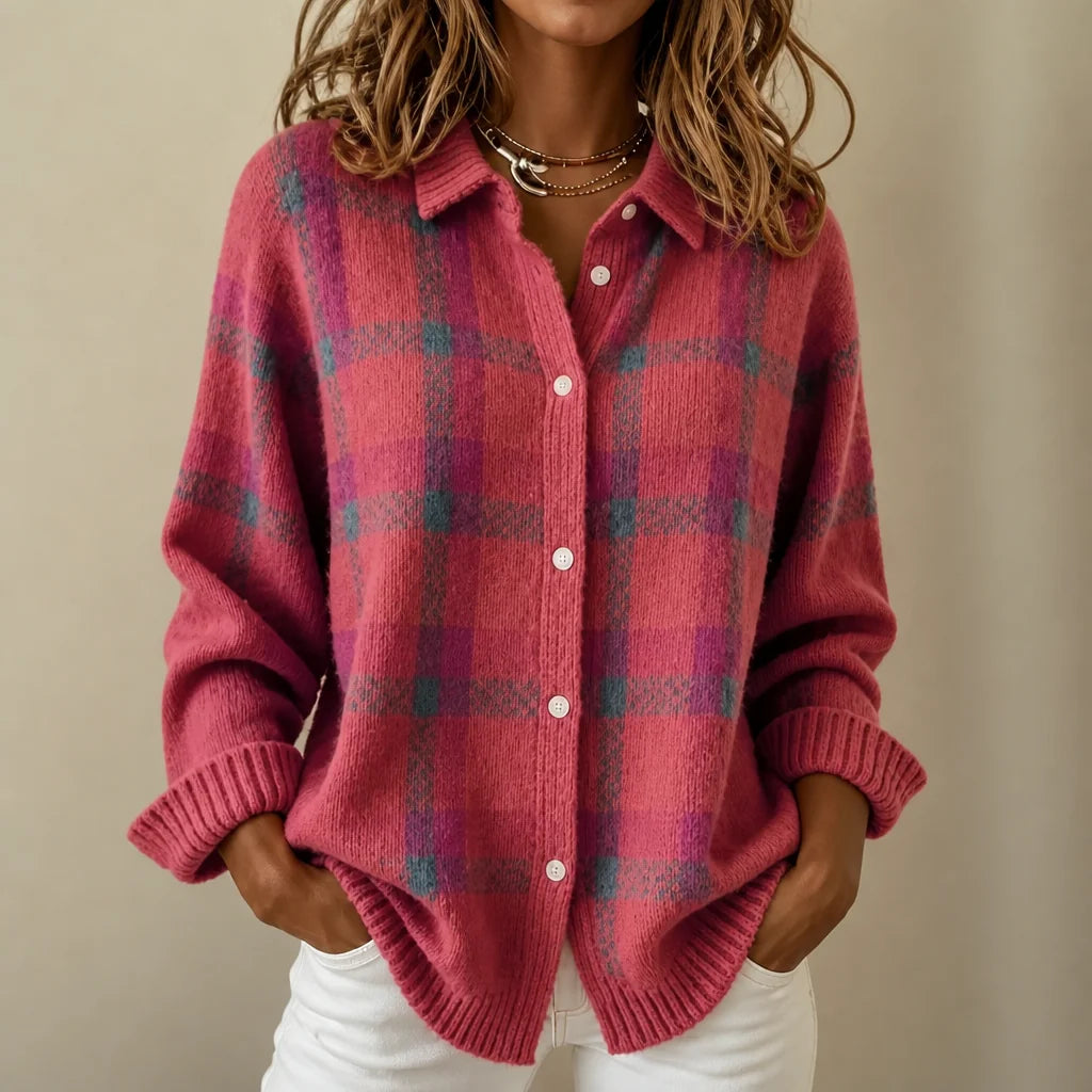 Coral Pink Women's Plaid Cardigan with Structured Collar & Ribbed Knit Cuffs