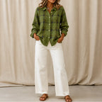 Olive Green Women's Plaid Cardigan with Structured Collar & Ribbed Knit Cuffs