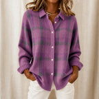 Lilac Women's Plaid Cardigan with Structured Collar & Ribbed Knit Cuffs - Close Up
