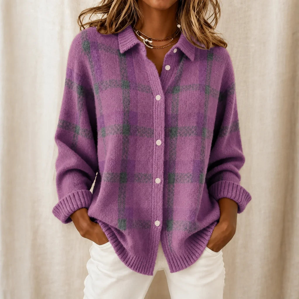 Lilac Women's Plaid Cardigan with Structured Collar & Ribbed Knit Cuffs - Close Up