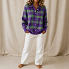 Purple Green Women's Plaid Cardigan with Structured Collar & Ribbed Knit Cuffs
