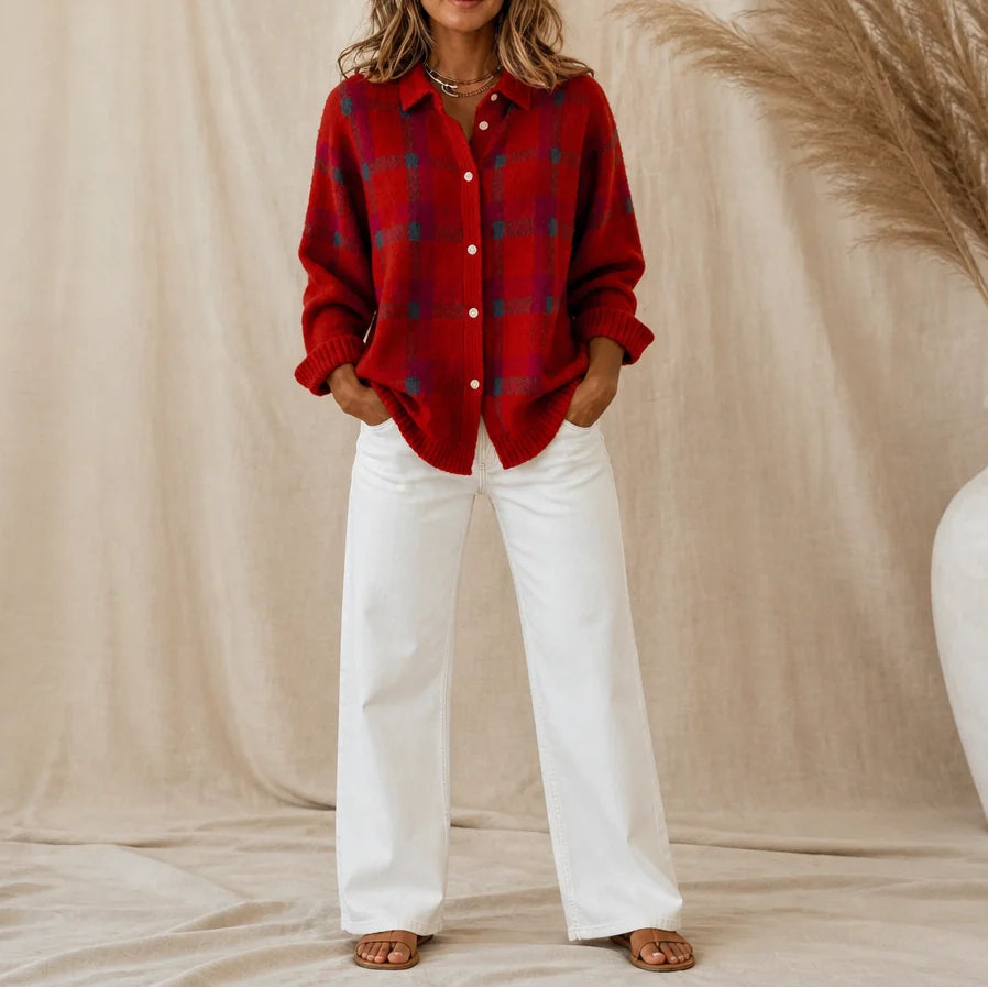Red Women's Plaid Cardigan with Structured Collar & Ribbed Knit Cuffs
