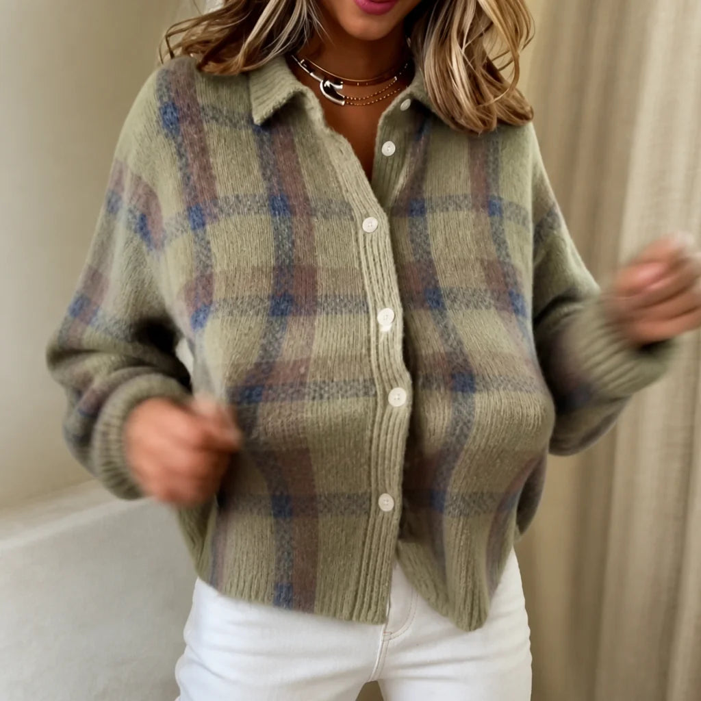 Sage Multi Women's Plaid Cardigan with Structured Collar & Ribbed Knit Cuffs