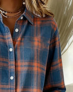 Women's Cotton Blend Plaid Shirt with Button-Front & Relaxed Fit - Close Up Collar