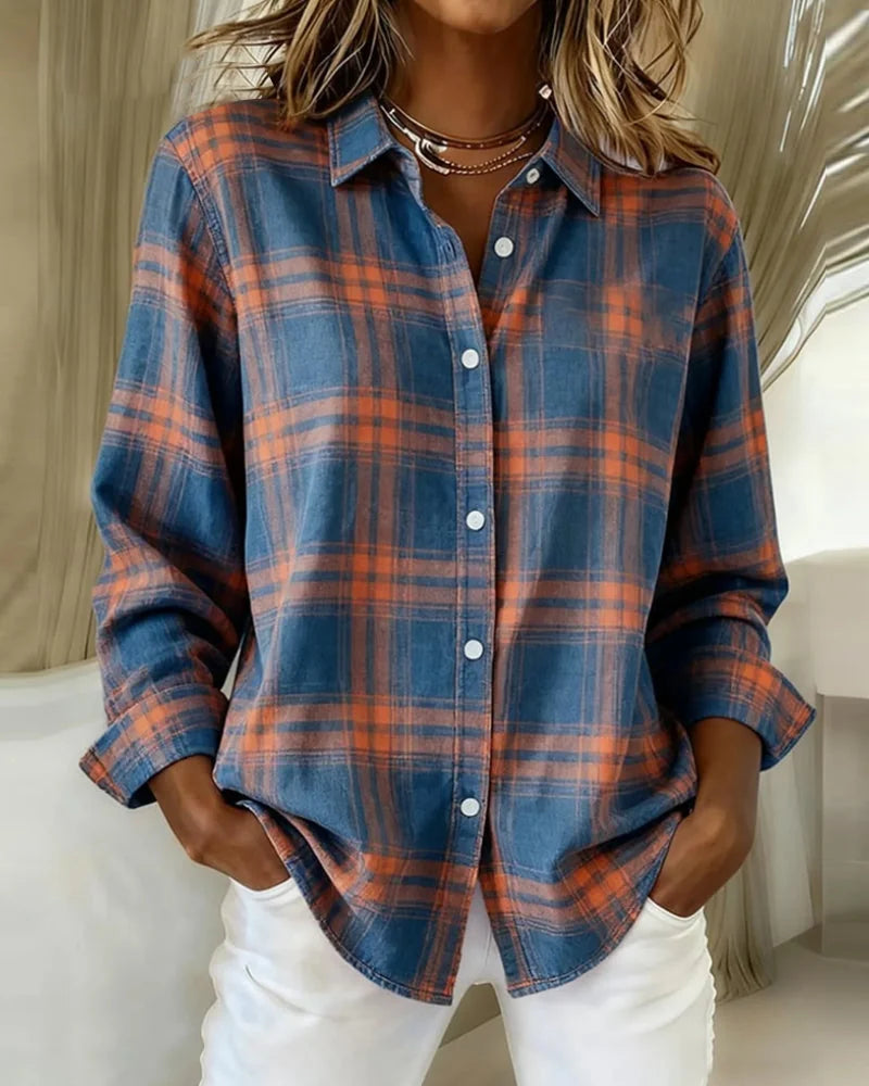 Blue Women's Cotton Blend Plaid Shirt with Button-Front & Relaxed Fit — Ivy