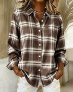 Coffee Brown Women's Cotton Blend Plaid Shirt with Button-Front & Relaxed Fit