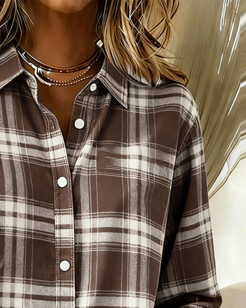 Women's Cotton Blend Plaid Shirt with Button-Front & Relaxed Fit - Brown Close Up Buttons