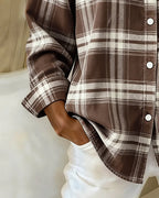 Women's Cotton Blend Plaid Shirt with Button-Front & Relaxed Fit - Brown Sleeve Cuff Detail