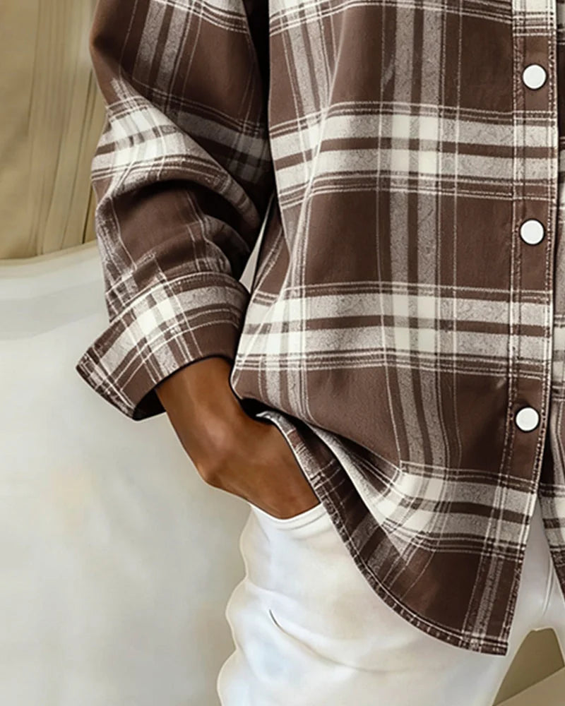 Women's Cotton Blend Plaid Shirt with Button-Front & Relaxed Fit - Brown Sleeve Cuff Detail