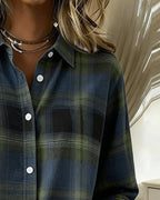 Women's Cotton Blend Plaid Shirt with Button-Front & Relaxed Fit - Collar Button Detail