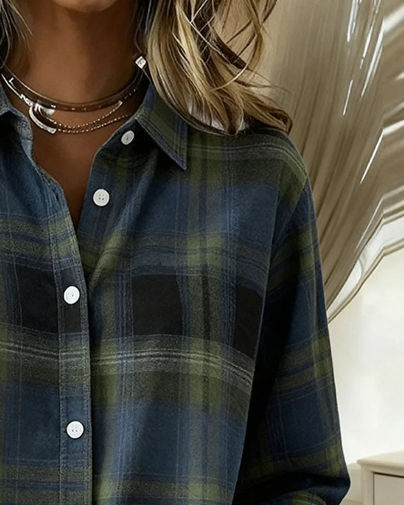 Women's Cotton Blend Plaid Shirt with Button-Front & Relaxed Fit - Collar Button Detail