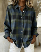 Green Women's Cotton Blend Plaid Shirt with Button-Front & Relaxed Fit