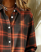Women's Cotton Blend Plaid Shirt with Button-Front & Relaxed Fit - Close Up Neckline