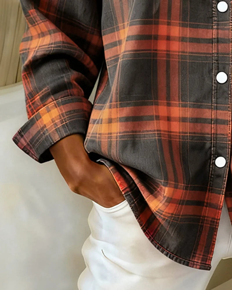 Women's Cotton Blend Plaid Shirt with Button-Front & Relaxed Fit - Hem Sleeve Detail