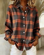 Orange Women's Cotton Blend Plaid Shirt with Button-Front & Relaxed Fit