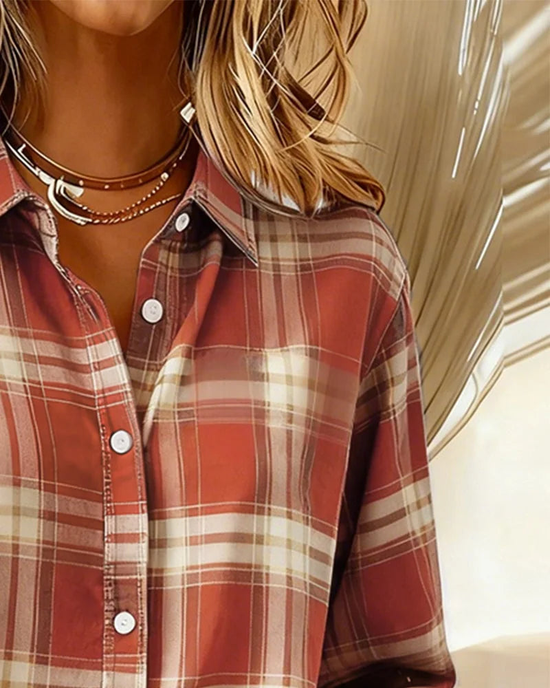 Women's Cotton Blend Plaid Shirt with Button-Front & Relaxed Fit - Close Up Collar