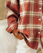 Women's Cotton Blend Plaid Shirt with Button-Front & Relaxed Fit - Cuff Hem Detail