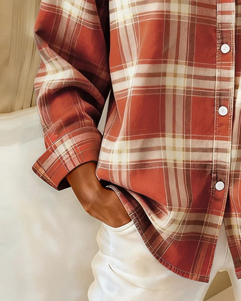 Women's Cotton Blend Plaid Shirt with Button-Front & Relaxed Fit - Cuff Hem Detail