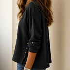 Black Women's Side-Button Relaxed-Fit Linen Blend Top