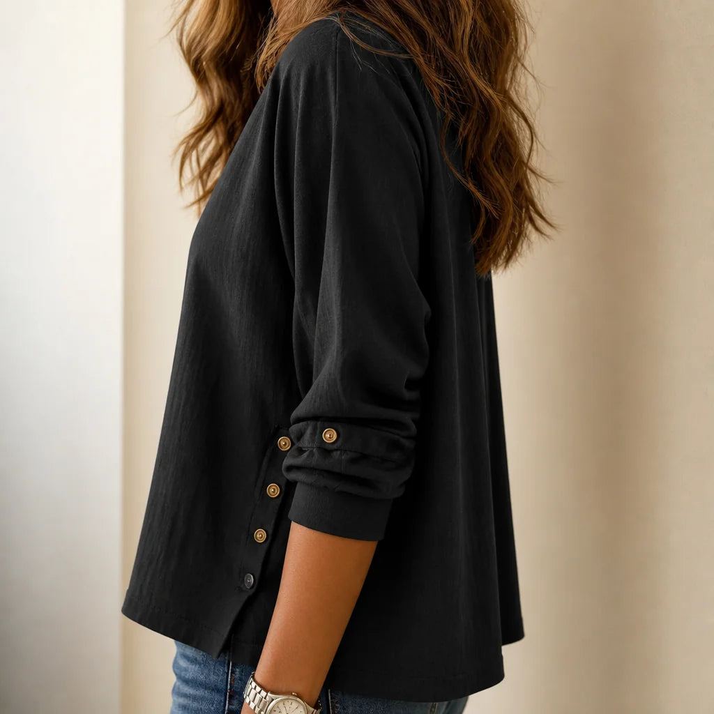 Black Women's Side-Button Relaxed-Fit Linen Blend Top