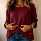 Burgundy Women's Side-Button Relaxed-Fit Linen Blend Top