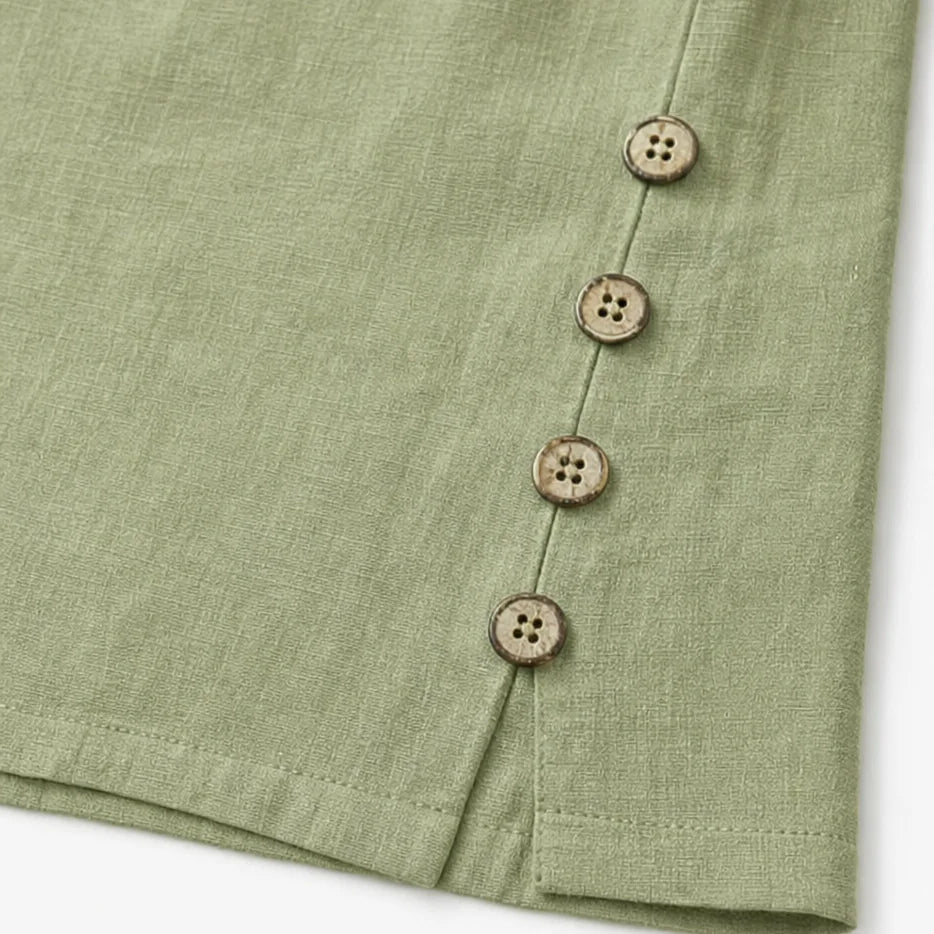 Women's Side-Button Relaxed-Fit Linen Blend Top - Button Hem Close Up