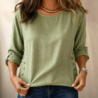 Women's Side-Button Relaxed-Fit Linen Blend Top - Front Hem Pose