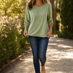 Women's Side-Button Relaxed-Fit Linen Blend Top - Model Walking Garden