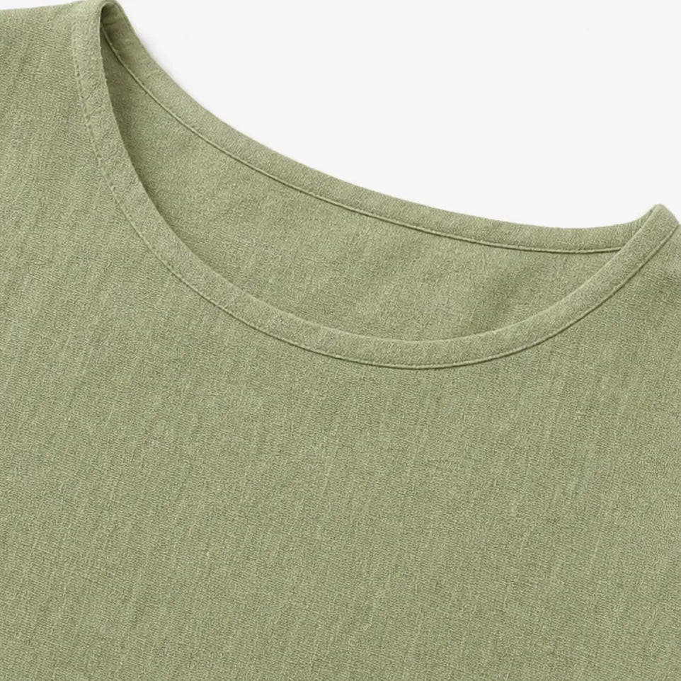 Women's Side-Button Relaxed-Fit Linen Blend Top - Neckline Close Up