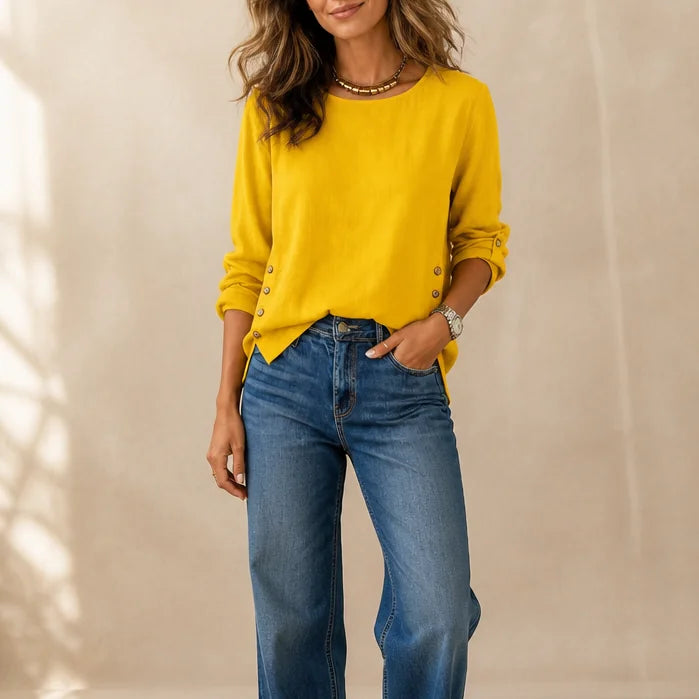 Yellow Women's Side-Button Relaxed-Fit Linen Blend Top