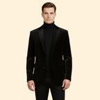 Black Men's Single Button Velvet Blazer with Tailored Peak Lapel — Luke