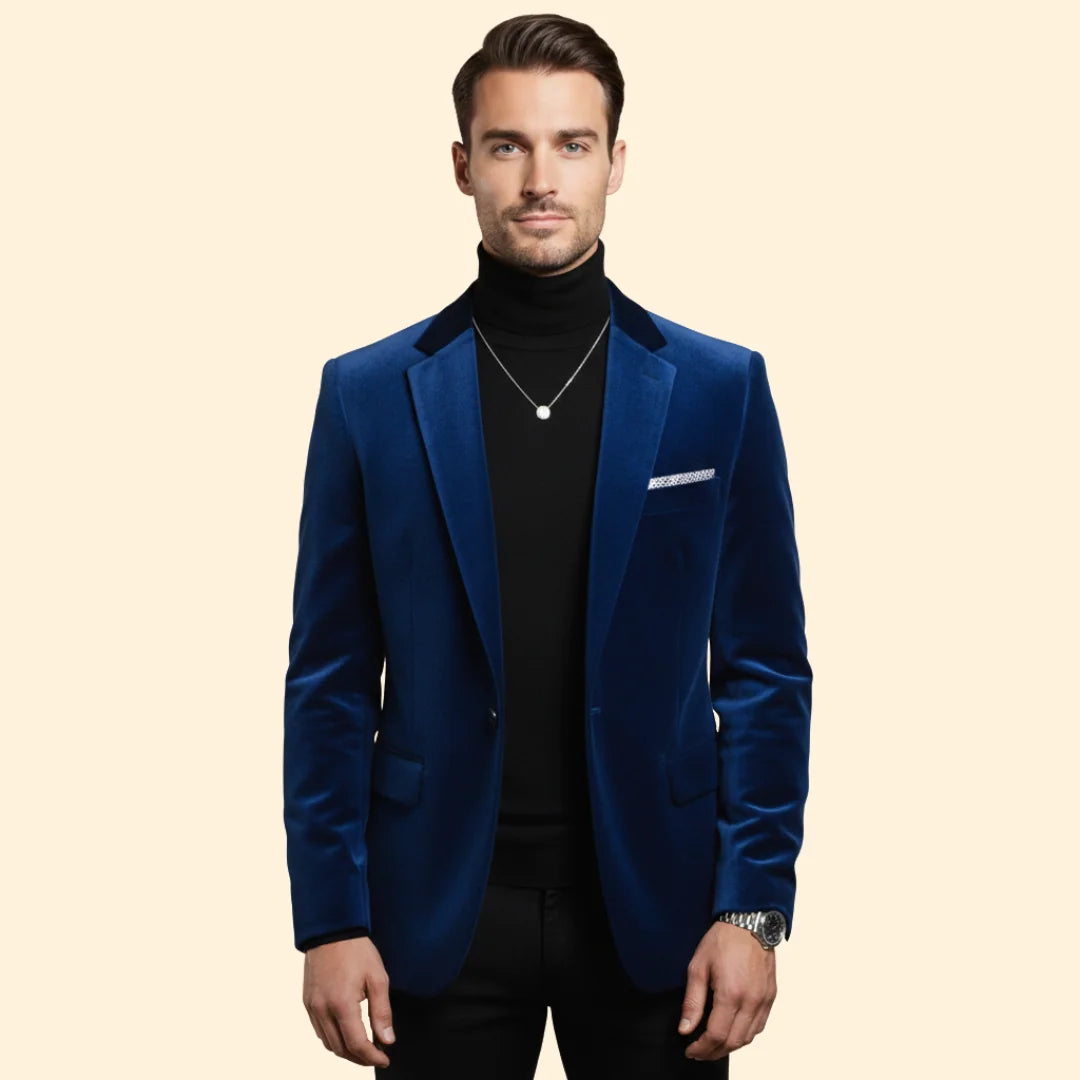 Blue Men's Single Button Velvet Blazer with Tailored Peak Lapel — Luke