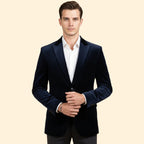Navy Blue Men's Single Button Velvet Blazer with Tailored Peak Lapel — Luke