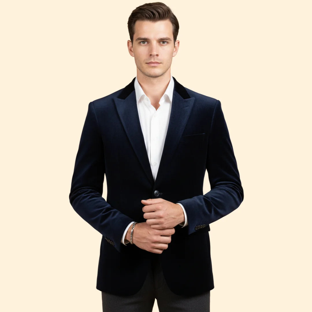Navy Blue Men's Single Button Velvet Blazer with Tailored Peak Lapel — Luke
