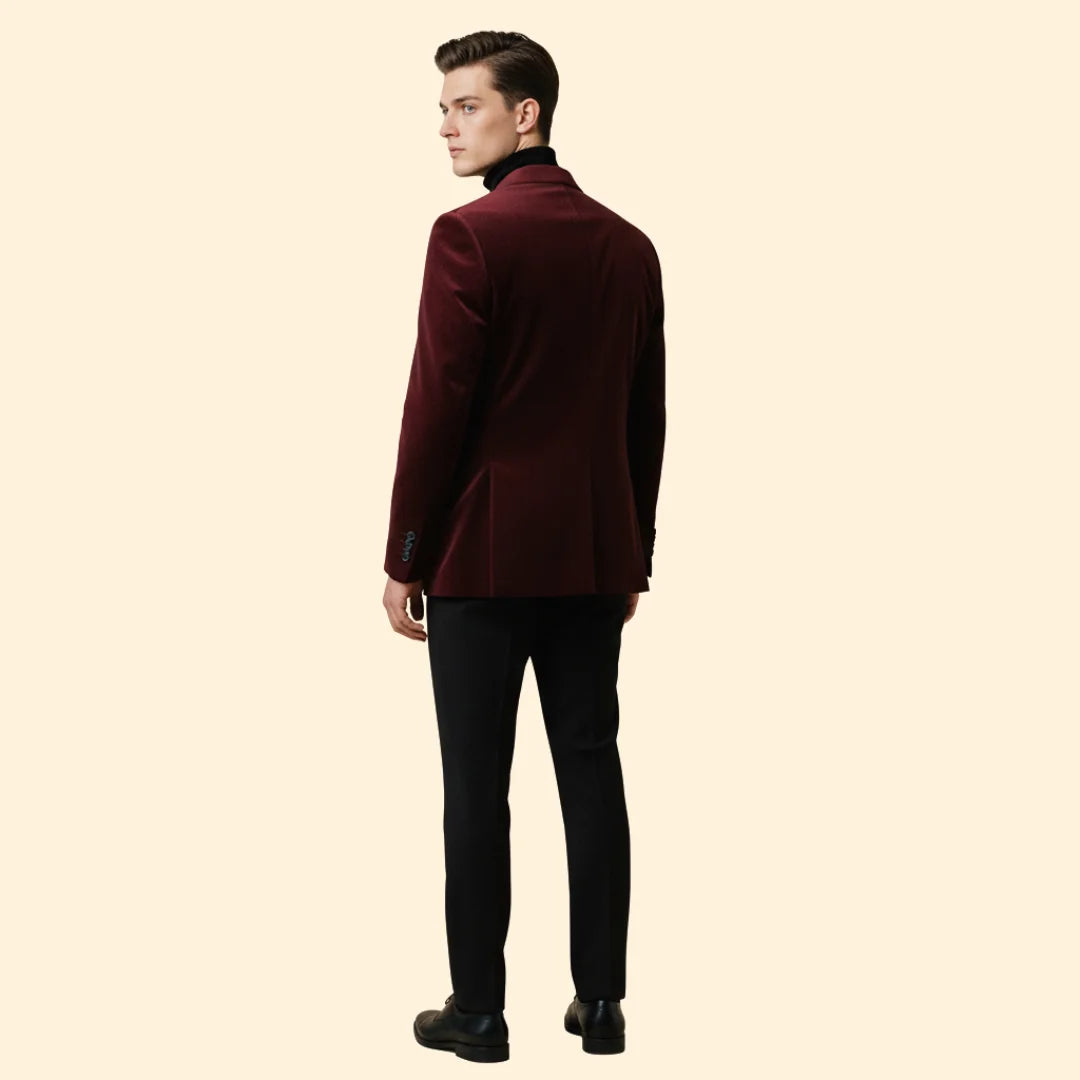 Red Men's Single Button Velvet Blazer with Tailored Peak Lapel — Luke - Back Full