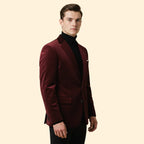 Red Men's Single Button Velvet Blazer with Tailored Peak Lapel — Luke - Close Up Side
