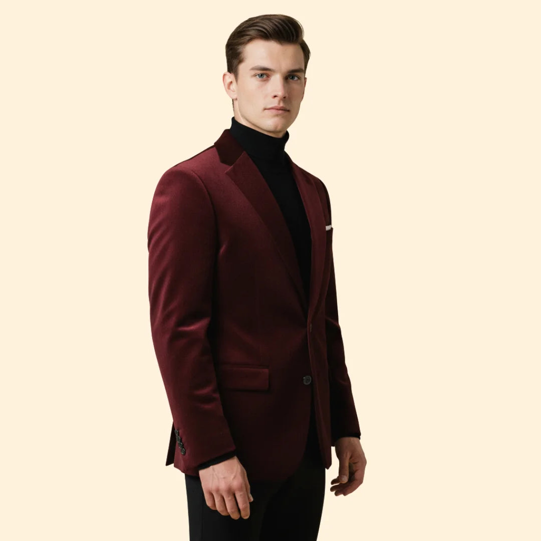 Red Men's Single Button Velvet Blazer with Tailored Peak Lapel — Luke - Close Up Side