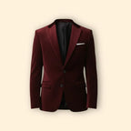 Red Men's Single Button Velvet Blazer with Tailored Peak Lapel — Luke - Flat Lay Front