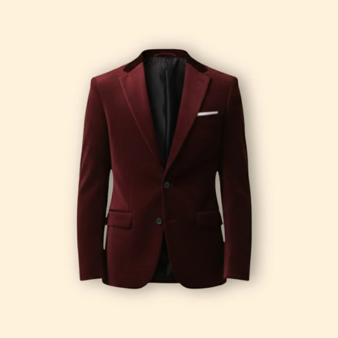 Red Men's Single Button Velvet Blazer with Tailored Peak Lapel — Luke - Flat Lay Front