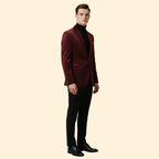 Red Men's Single Button Velvet Blazer with Tailored Peak Lapel — Luke - Side Pose