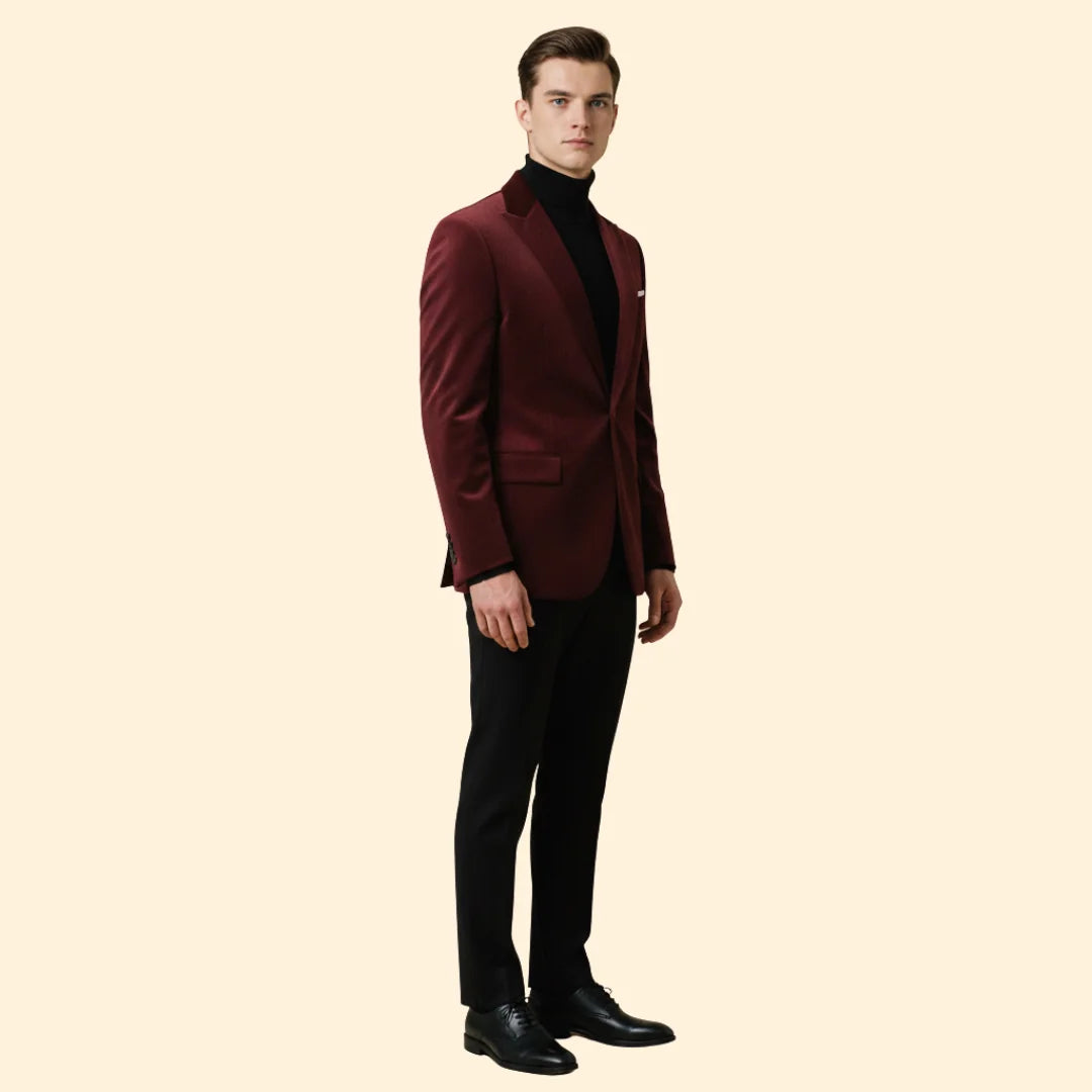 Red Men's Single Button Velvet Blazer with Tailored Peak Lapel — Luke - Side Pose