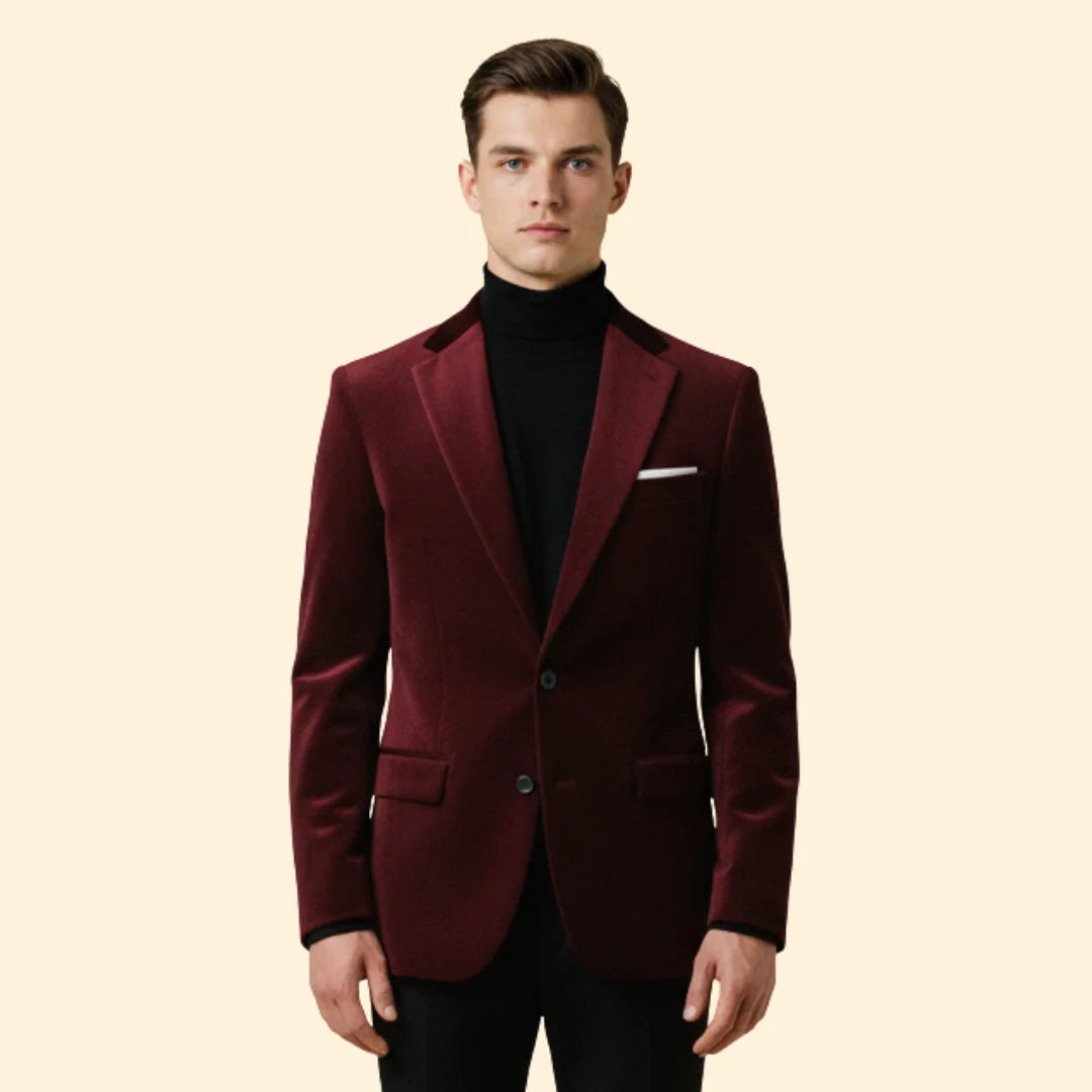 Red Men's Single Button Velvet Blazer with Tailored Peak Lapel — Luke