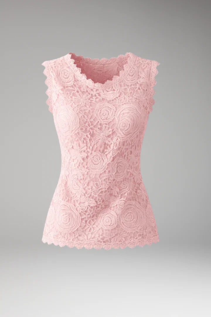Pink Women's Sleeveless Lace Blouse with Scalloped Trim & Detail — Abbie - Front Flat