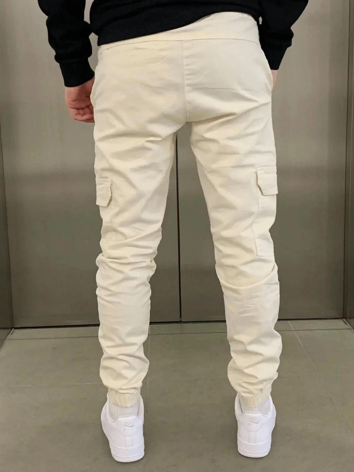 Beige Men's Slim Fit Cargo Joggers with Drawstring Waist & Multi-Pocket Design — Harvey - Back Full