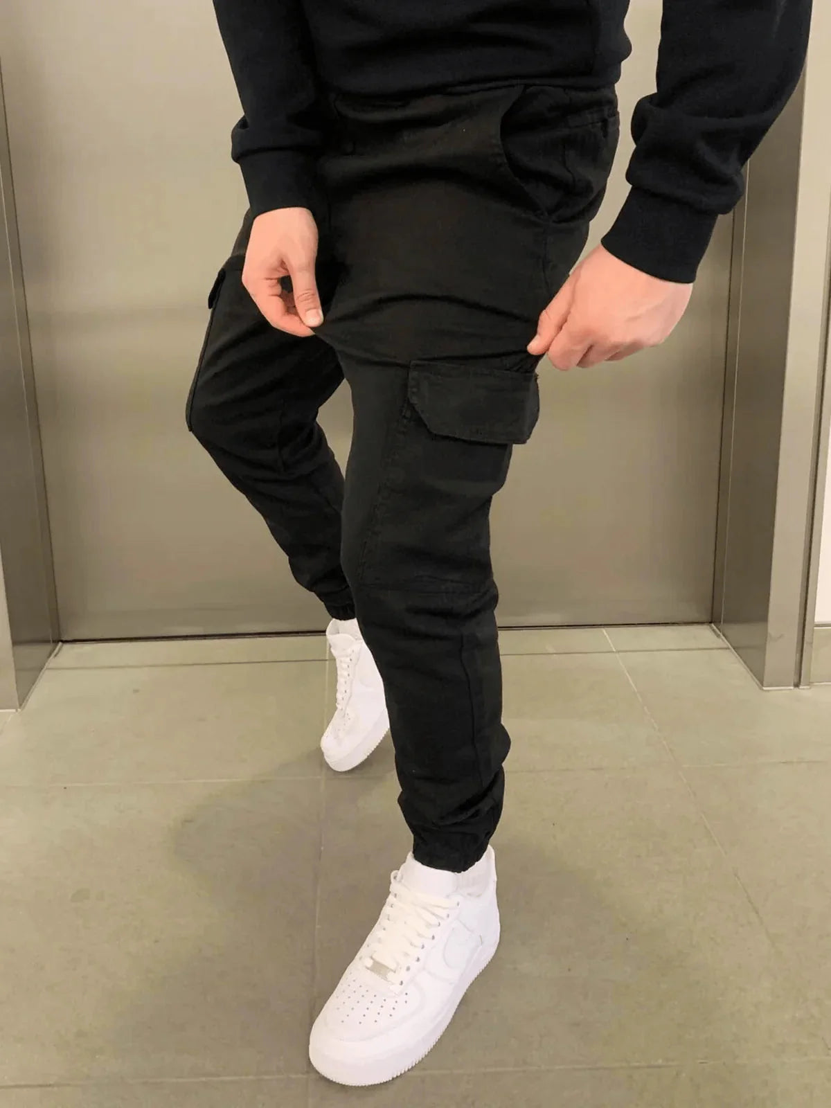 Black Men's Slim Fit Cargo Joggers with Drawstring Waist & Multi-Pocket Design — Harvey - Hand Pocket Detail
